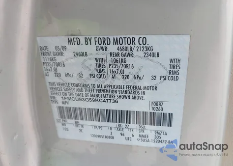 2009 Ford Escape Xlt из США, поврежденный, VIN 1FMCU93G59KC47736